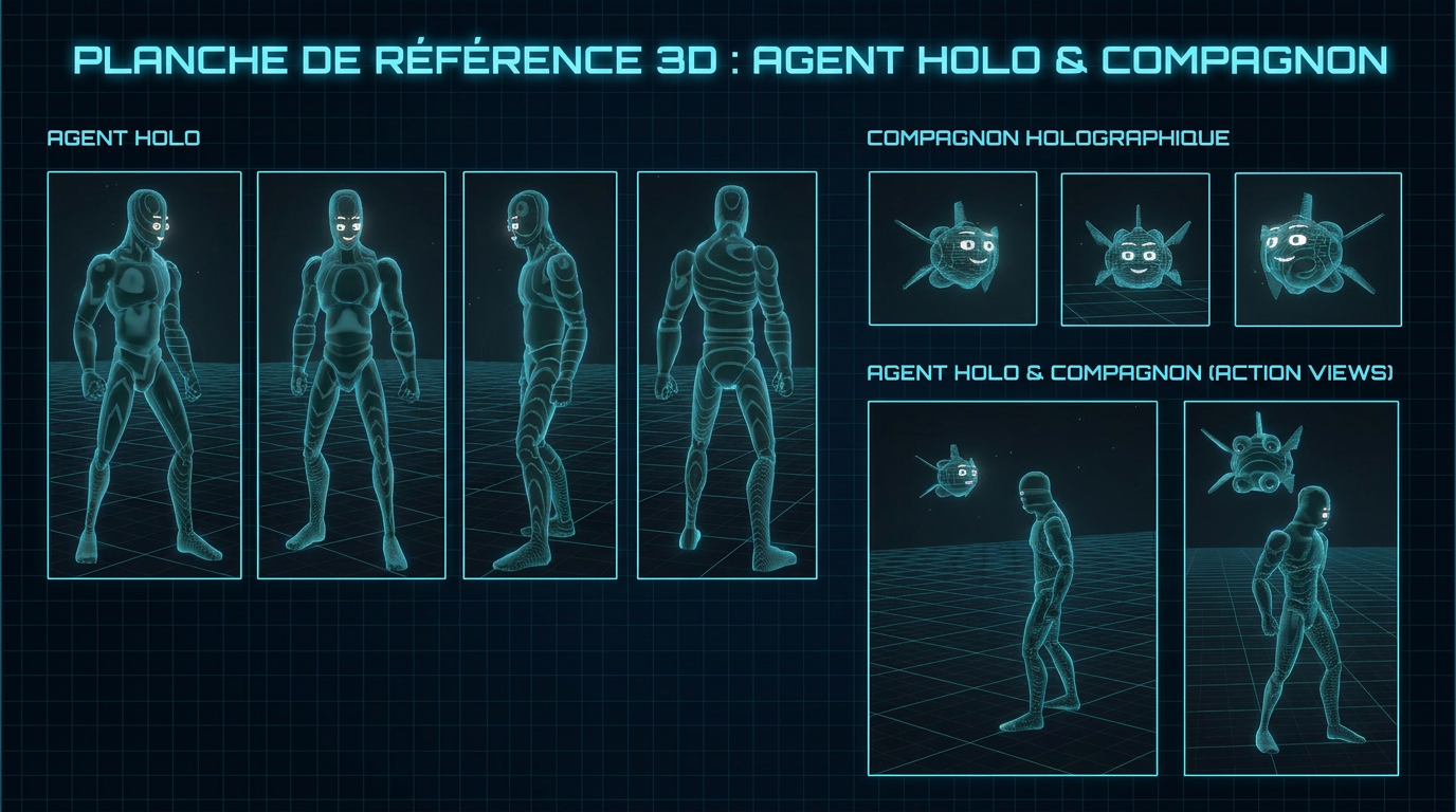 Planche de référence 3D — Agent Holo et son compagnon