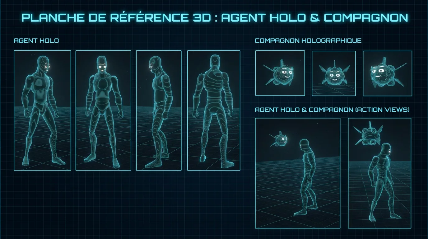 Planche de référence 3D — Agent Holo, agent IA de Créa Lagon (La Réunion), et son compagnon